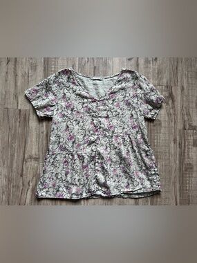 Linen Floral V-Neck Peplum Top — Pink Floral